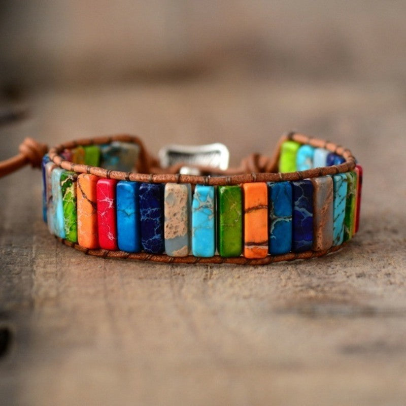 Colorful Jasper Stone Woven Bracelet | Bohemian Leather Cuff with Charm