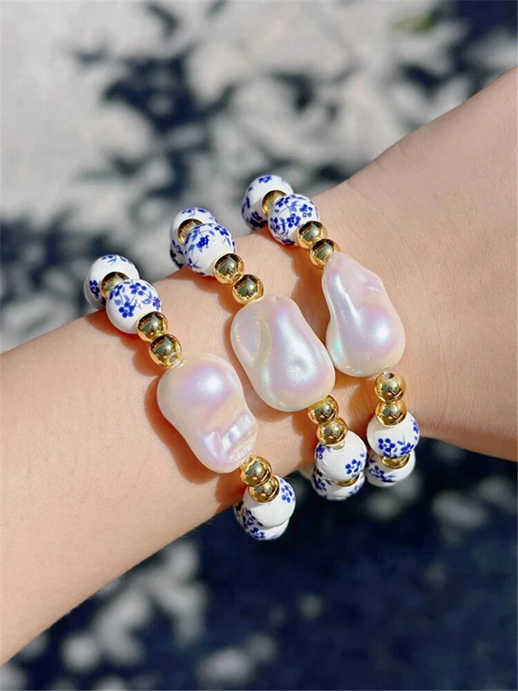 Imitation Baroque Pearl Elastic Bracelet Blue White Porcelain Beaded Jewelry