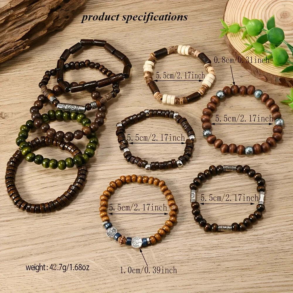 10PCS Boho Beaded Bracelets Set for Men Wooden Tree of Life Layered Jewelry