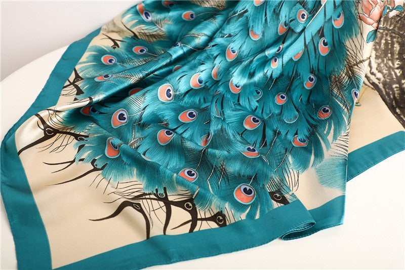 Beautiful 35" Peacock Silk Square Scarf - Large Head Neck Bag Wrap