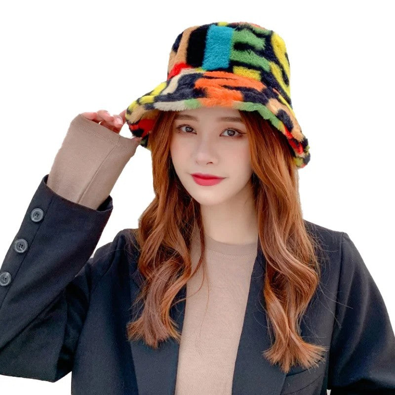 Funky Faux Fur Bucket Hat Colorful Abstract Patchwork Fuzzy Winter Cap