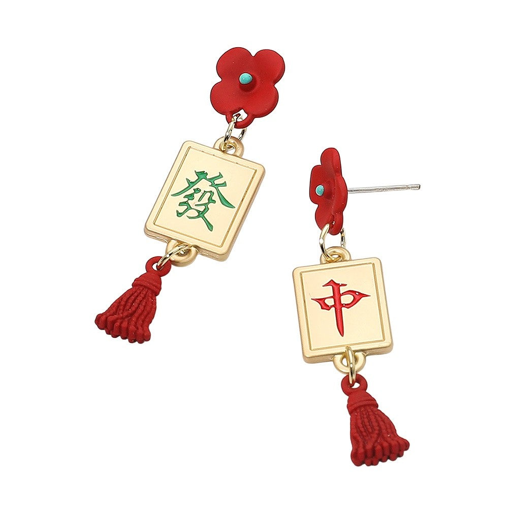 Red Flower Mahjong Tile Tassel Drop Earrings Lucky Green & Red
