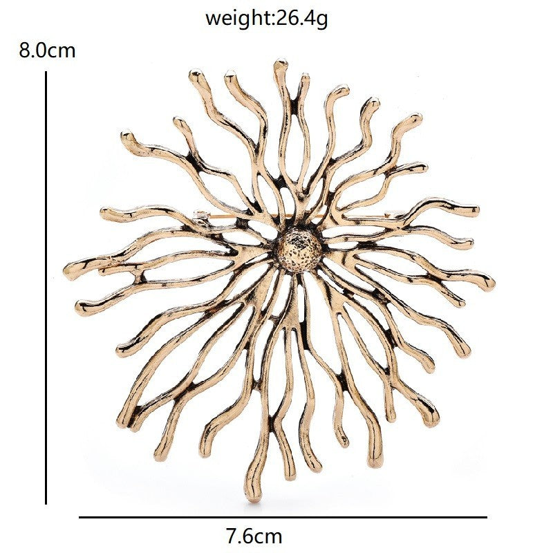 2PCS Large Starburst Coral Brooch Pin Set Antique Gold Silver Tone