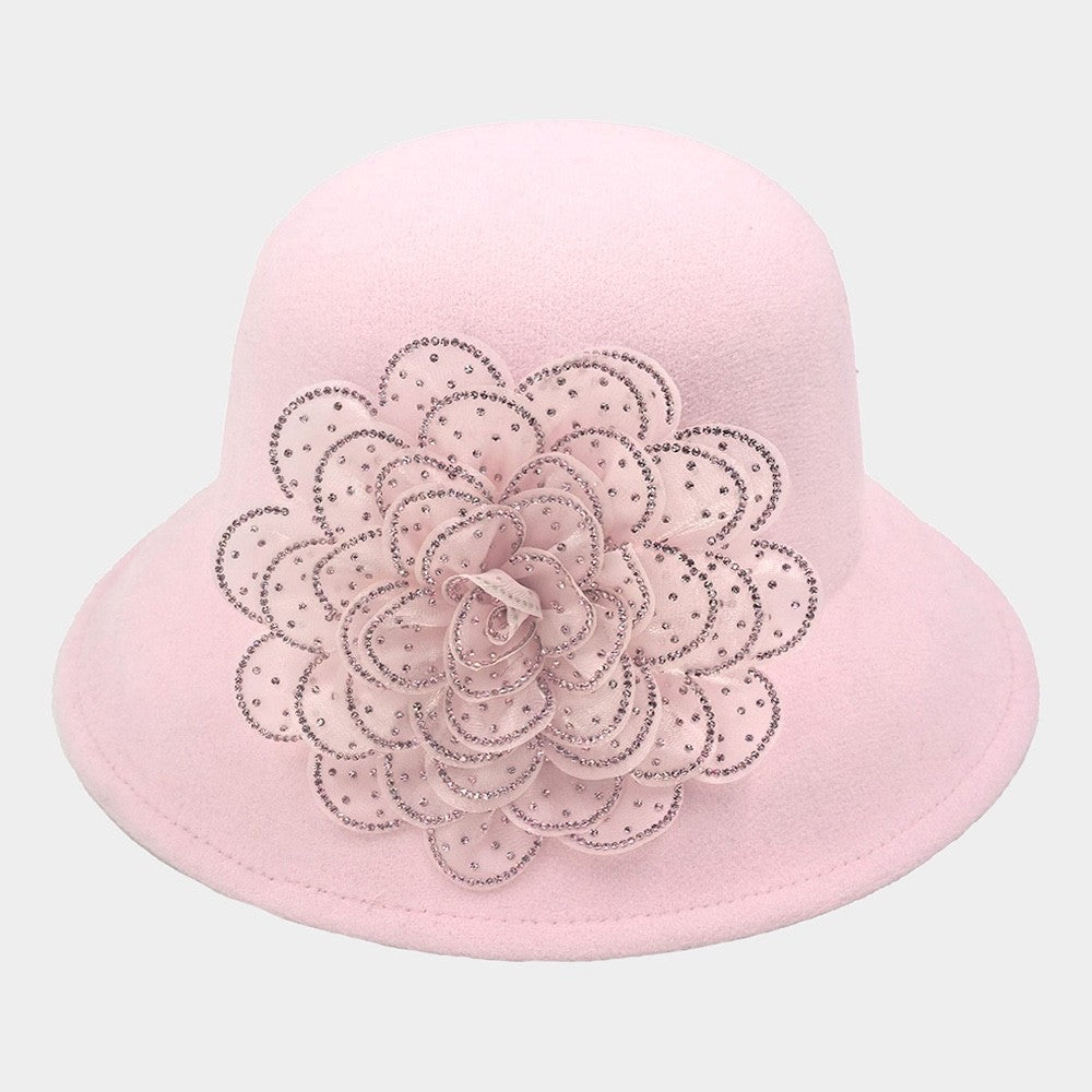 Elegant Pink Wool Felt Cloche Bucket Hat with Crystal Rhinestone Flower Accent