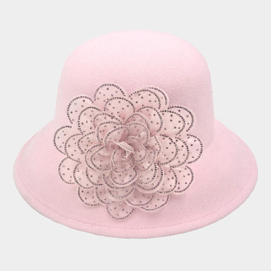 Elegant Pink Wool Felt Cloche Bucket Hat with Crystal Rhinestone Flower Accent