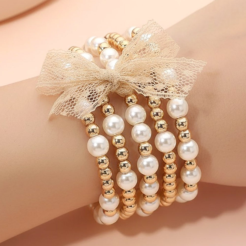 5pc Gold and Faux Pearl Beaded Stretch Bracelet Set with Lace Bow Accent