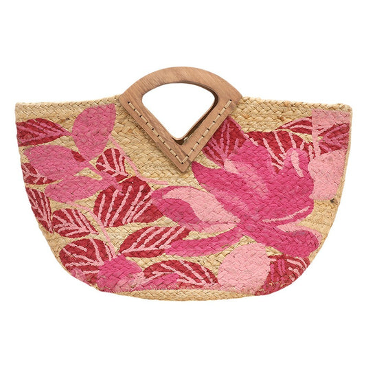 Floral Leaf Print Jute Tote Bag with Wooden Handles for Everyday Use