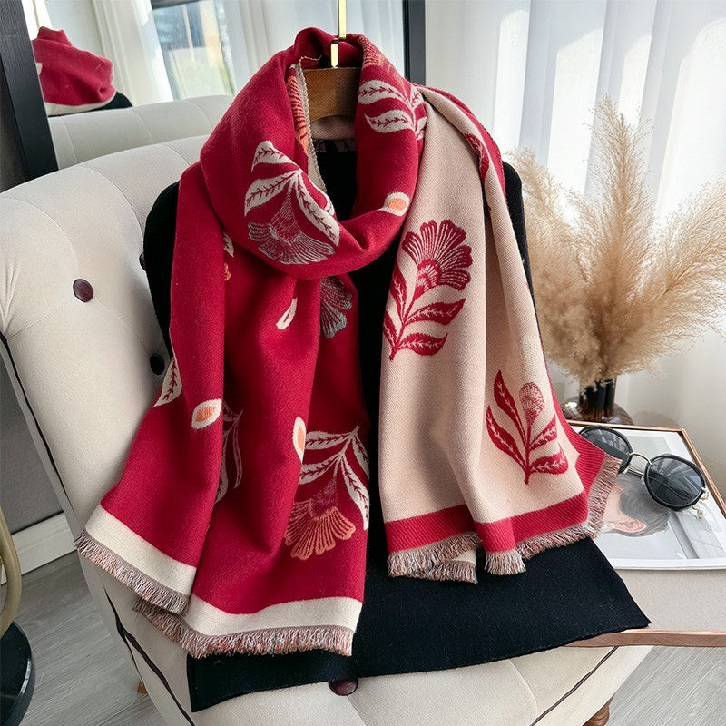 Oversized Cashmere Feel Scarf 73 x 26 Inch Leaf Print Warm Wrap Shawl