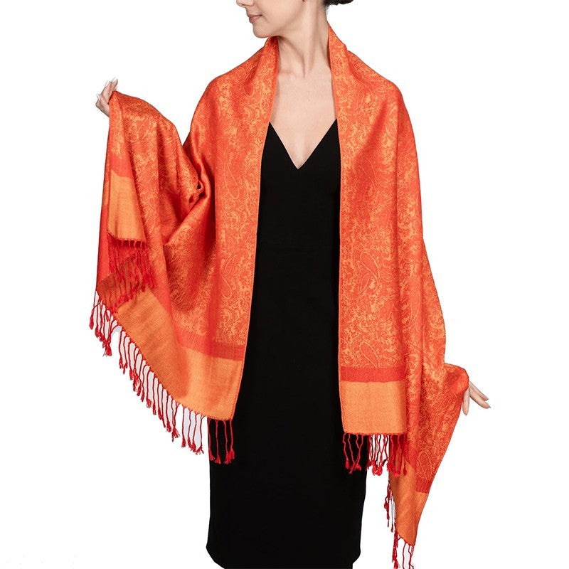 Orange Pashmina Shawl Scarf Paisley Jacquard Wrap Evening Stole With Tassels