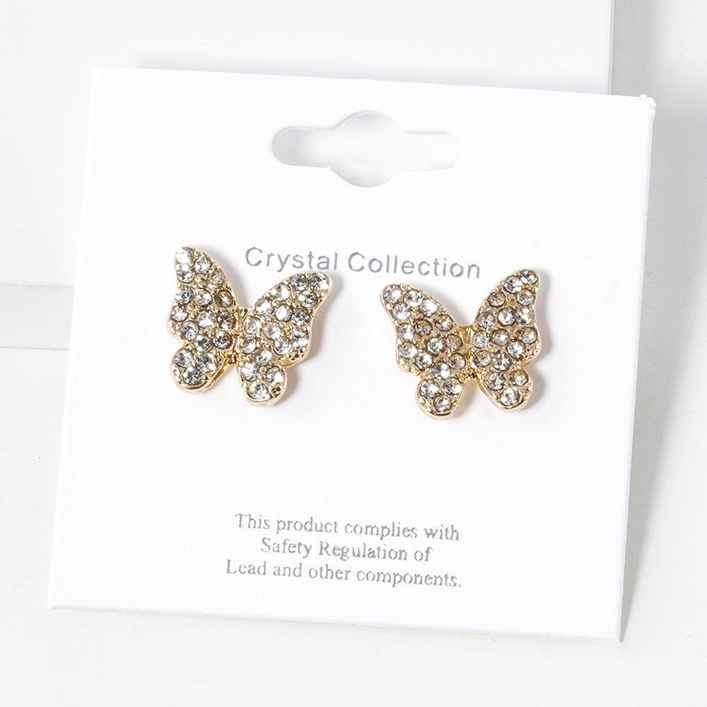 2pcs Black Gold Butterfly Earrings Post Back Sparkly Rhinestone Studs Jewelry