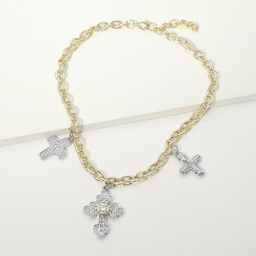 Gold Tone Two Tone Silver Cross Charm Pendant Link Chain Necklace Statement Pin