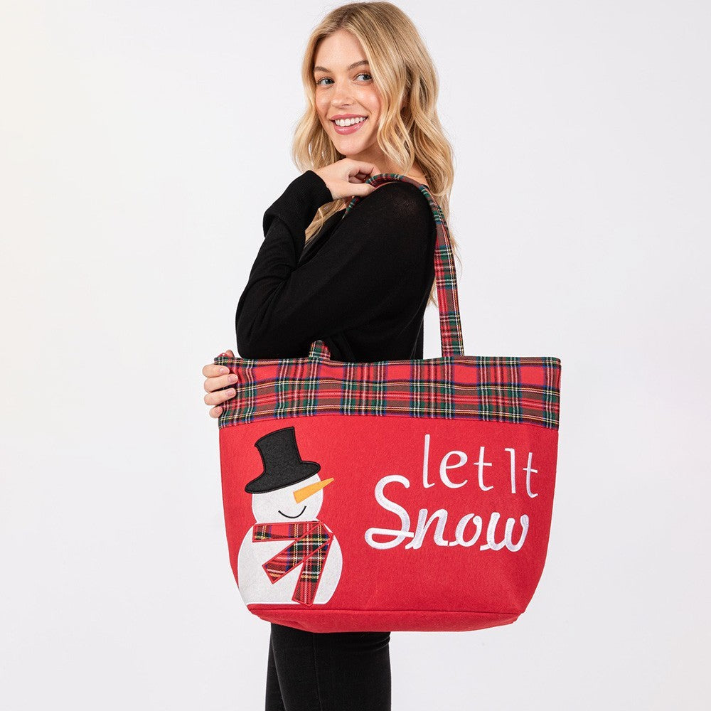 Let It Snow Snowman Christmas Tote Bag Holiday Shopping Reusable Shoulder Bag