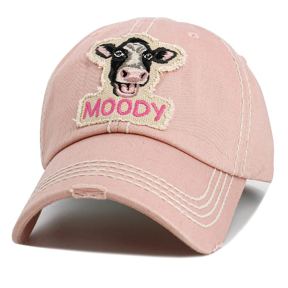 MOODY Message Cow Patch Vintage Style Baseball Cap Pink 100% Cotton Adjustable