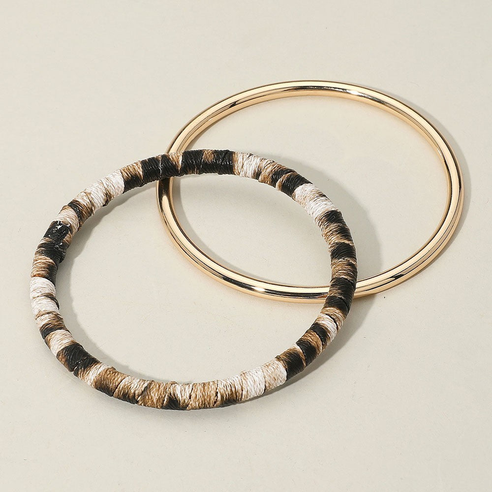 2PCS Metal Leopard Fabric Covered Bangle Layered Bracelets for Women