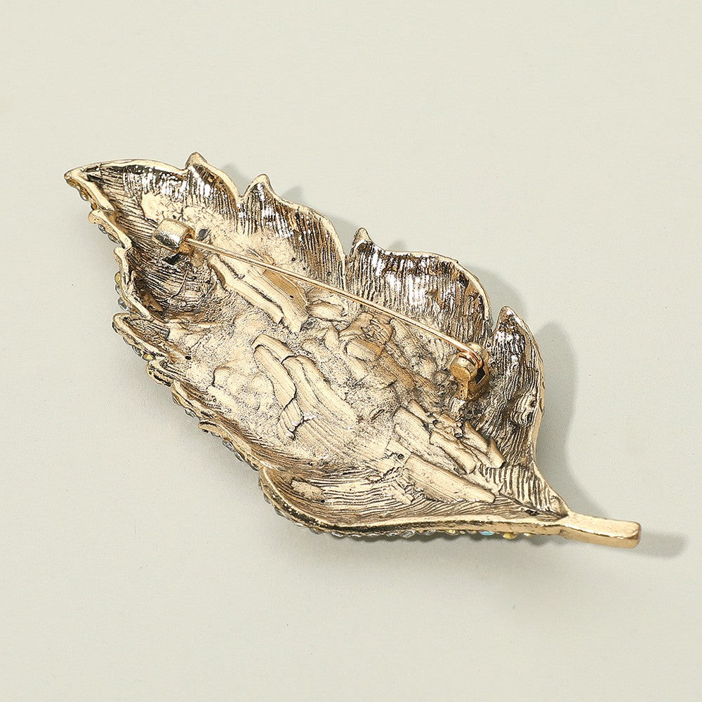 Womens Gold Tone Sparkling Red Rhinestone Paved Leaf Shaped Statement Pin Brooch