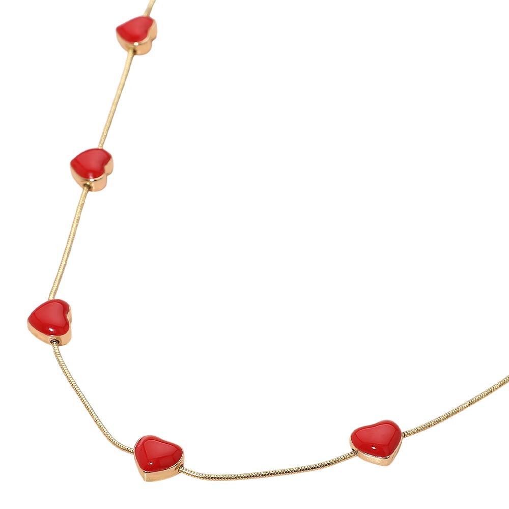 Gold Tone Sleek Chain Red Enameled Heart Charm Station Necklace w/ Lobster Clasp