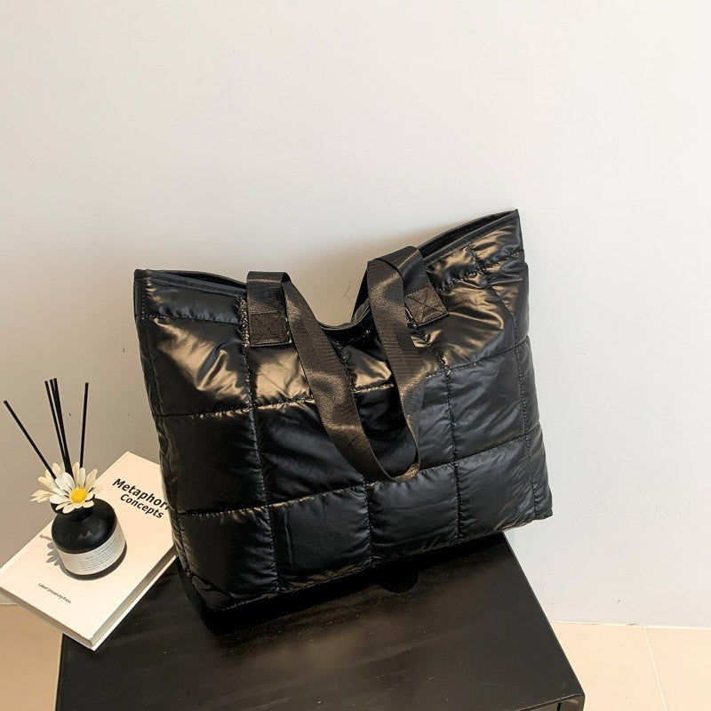 Black Quilted Puffer Tote Bag Shoulder Handbag Zipper Closure Carryall Purse