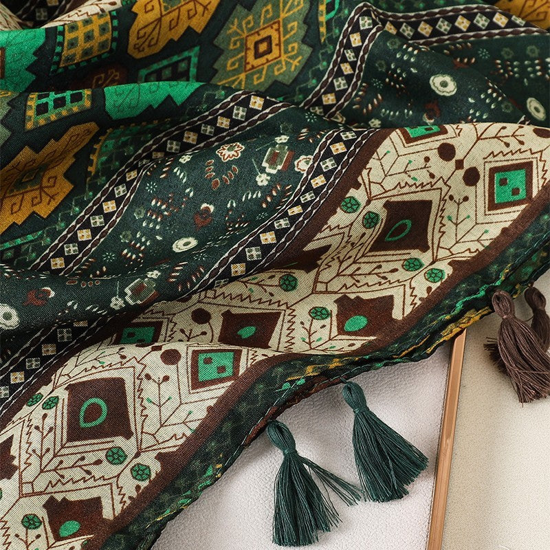 2PCS Women's Oversized Geometric Tassel Shawl Scarf Black & Green/Brown 72.8in