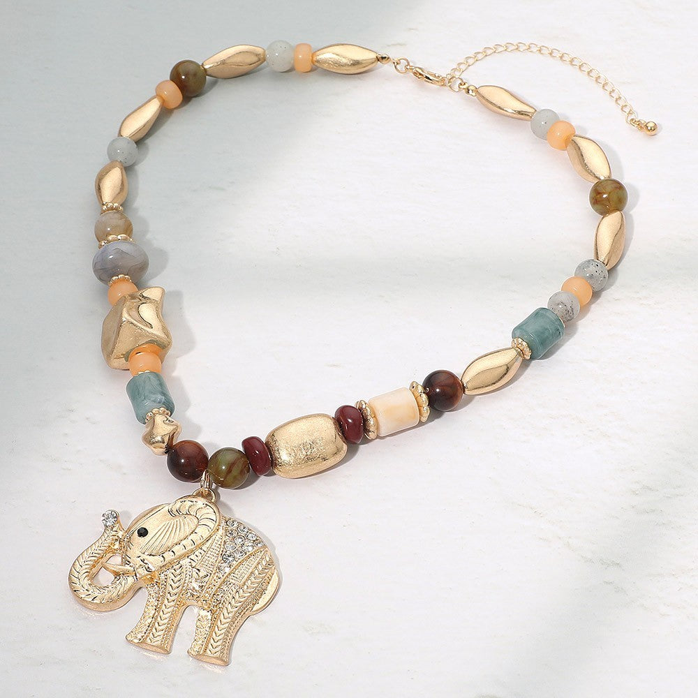 Bohemian Gold Tone Elephant Pendant Beaded Choker Necklace 16.25in