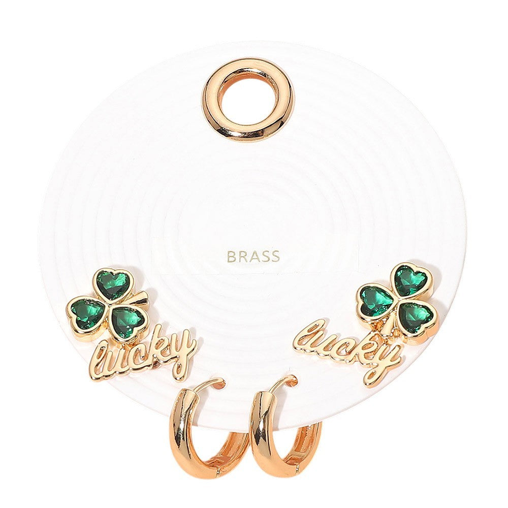 2 Pair St Patricks Day Earring Set Green Shamrock Lucky Gold Tone Brass Hoops