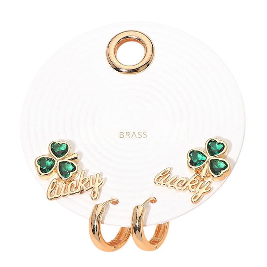 2 Pair St Patricks Day Earring Set Green Shamrock Lucky Gold Tone Brass Hoops