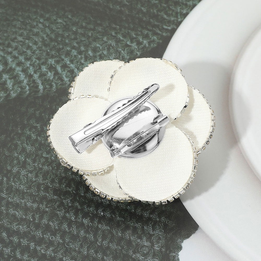 Elegant White Camellia Flower Brooch Pin with Large Pearl and Crystal Accents