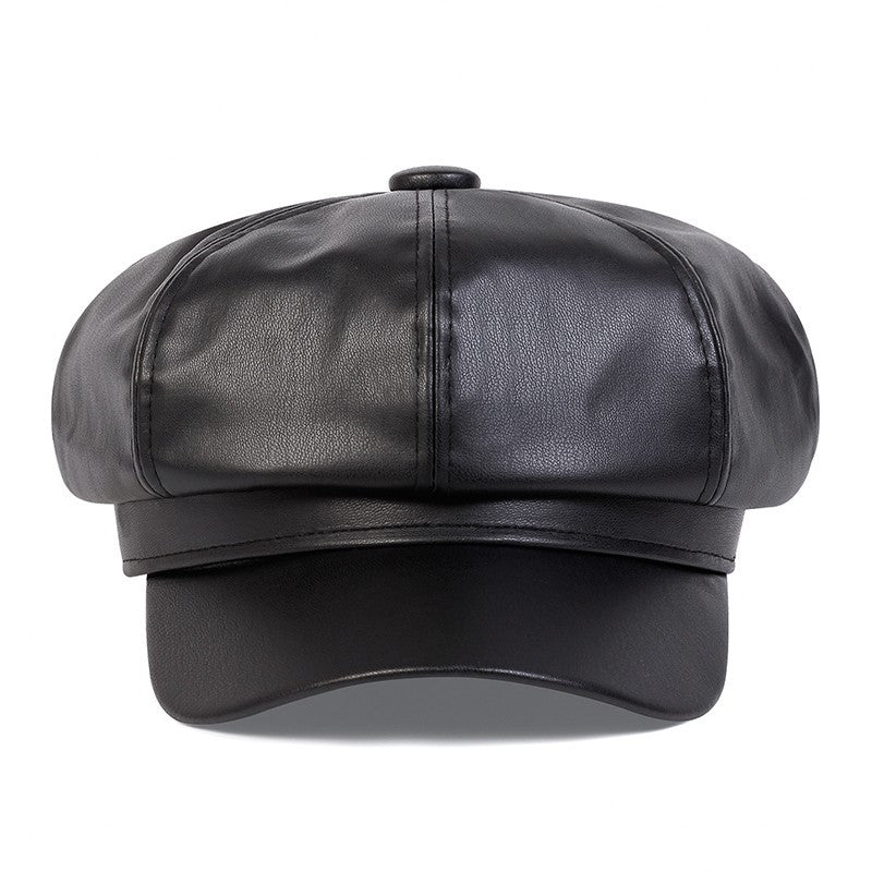Black Faux Leather Newsboy Cap Baker Boy Hat Cabbie Flat Gatsby Driving Style