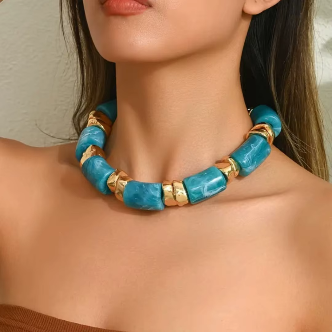 Chunky Turquoise & Gold Statement Necklace Set Boho Resin Bead Stud Earrings