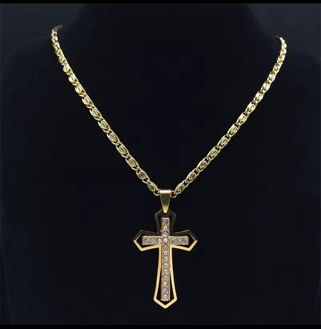 Men's Gold Stainless Steel Cross Necklace Byzantine Chain Rhinestone Pendant