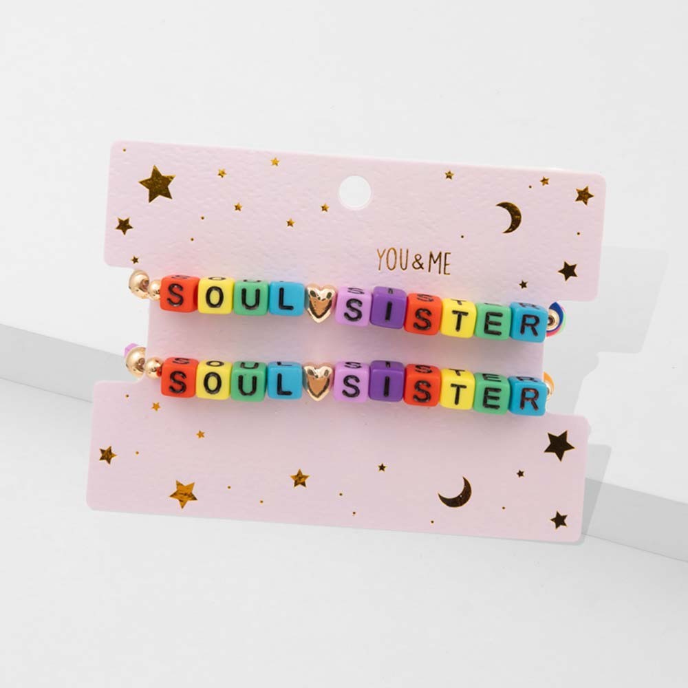 SOUL SISTER Rainbow Beaded Friendship Bracelet Set Gift for Best Friend BFF