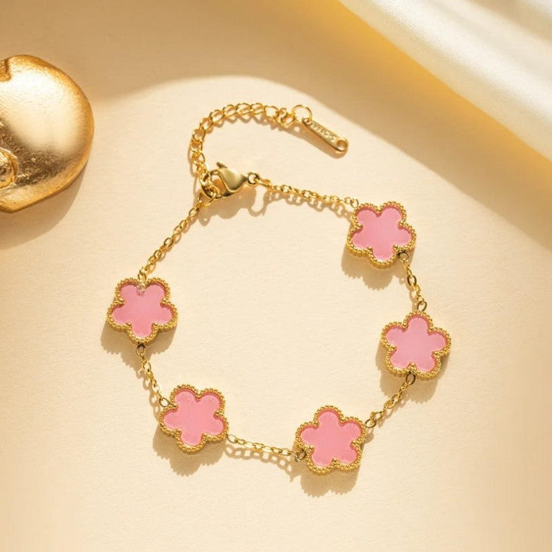 2pcs Flower Bracelet Set Gold Plated Stainless Steel Pink White Floral Jewelry