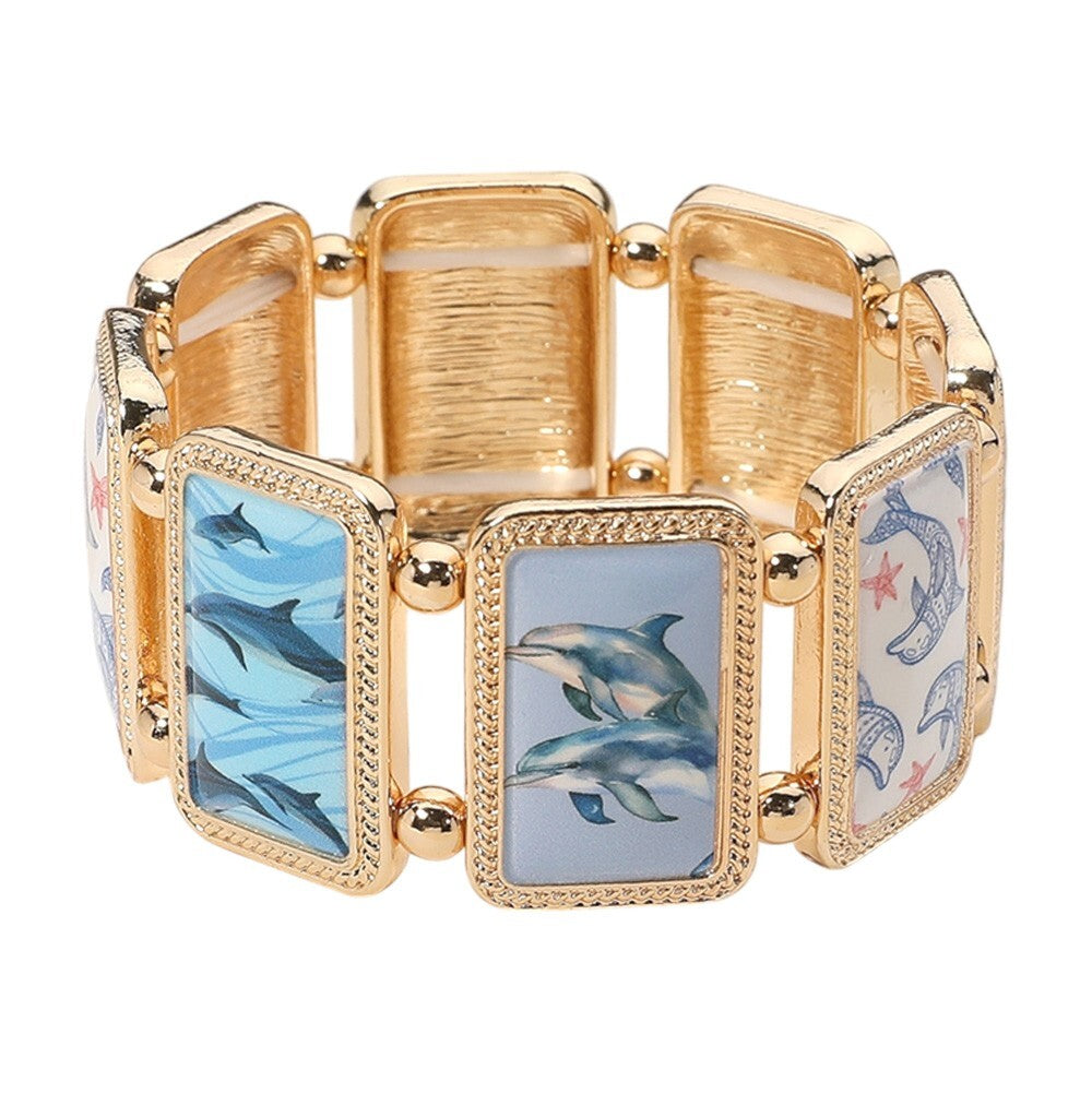Gold Dolphin Stretch Bracelet Colorful Epoxy Ocean Theme Link Jewelry Gift
