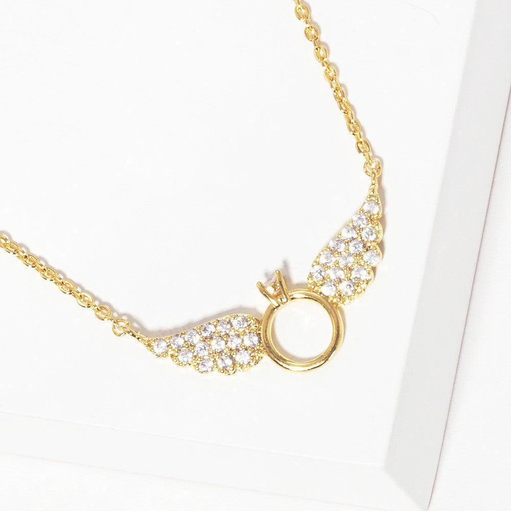 Gold Dipped CZ Cubic Zirconia Stone Paved Wings Pendant Necklace for Women Gold