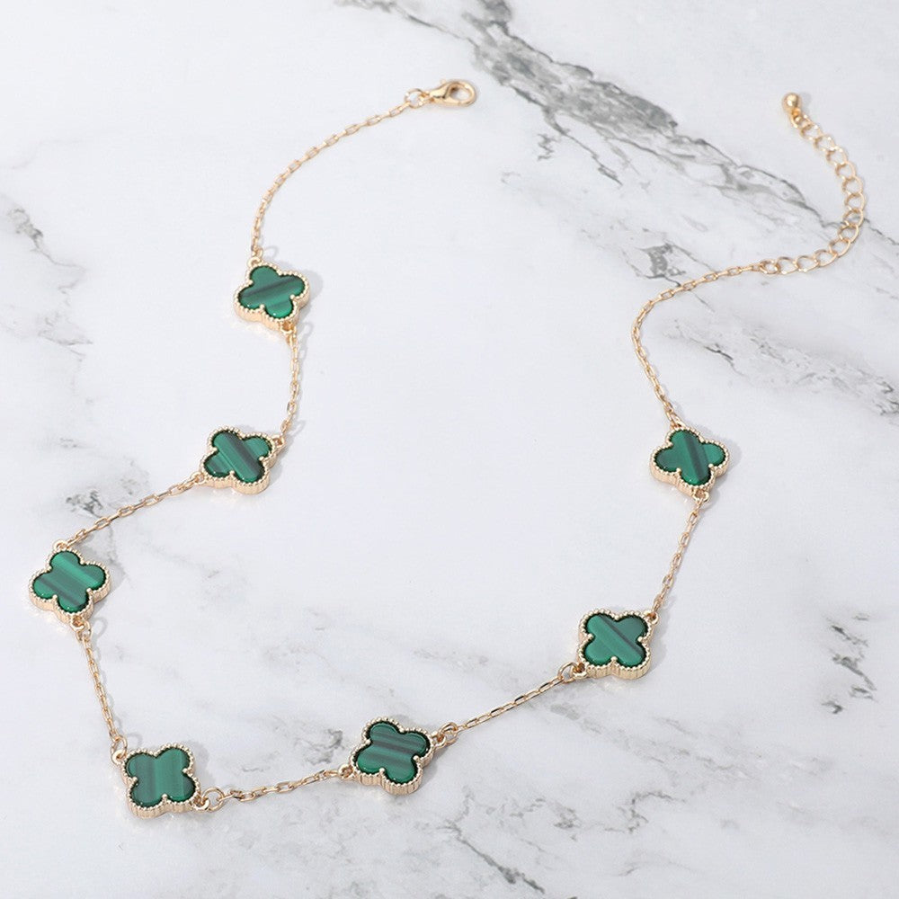 Gold Quatrefoil Station Necklace with Emerald Green Stones Elegant Jewelry Gift