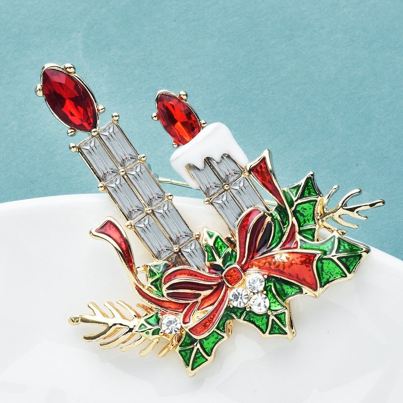 Christmas Candle Brooch Pin Red Green Rhinestone Holly Gold Tone Holiday Jewelry