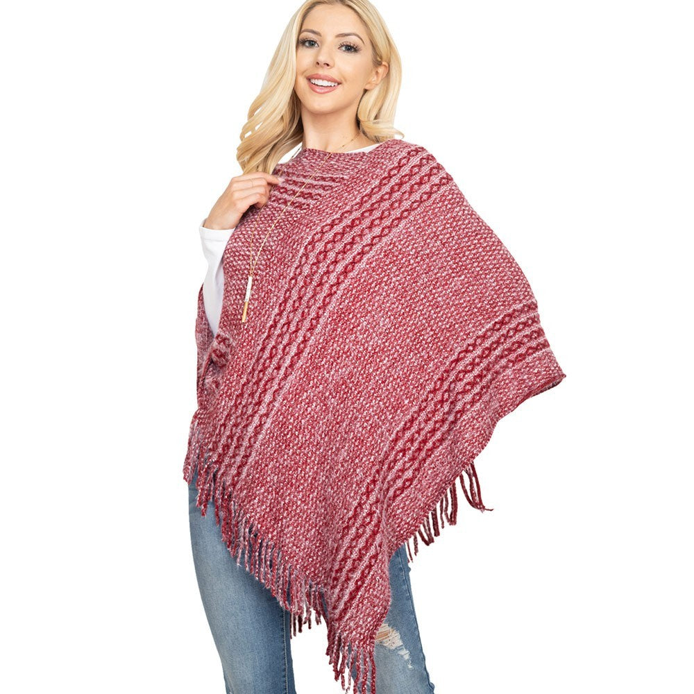 Boho Red White Striped Knit Poncho Sweater Shawl Cape Fringe Hem One Size Fall