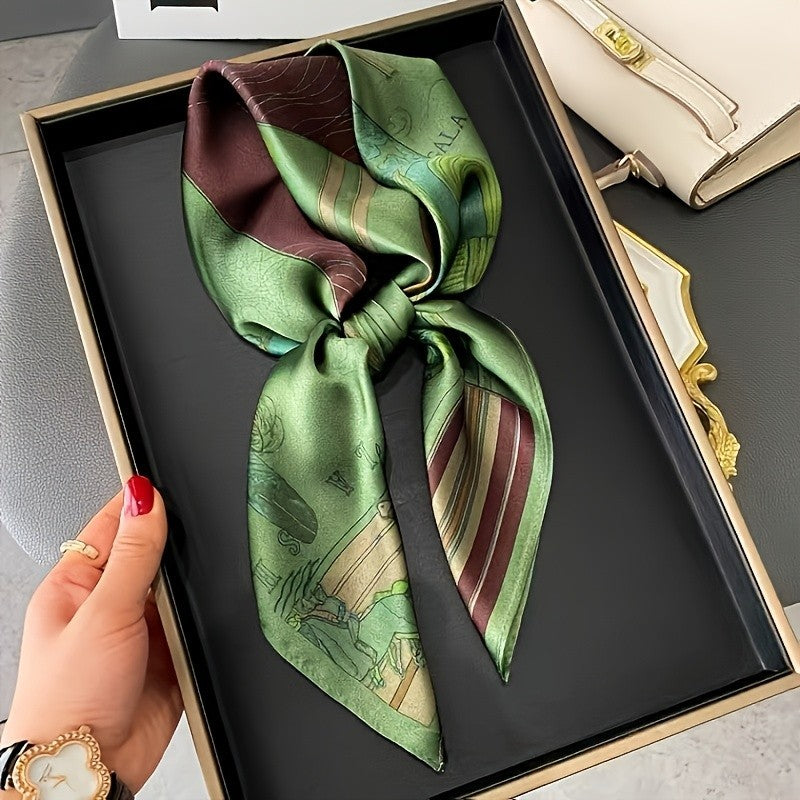 Silky Satin Equestrian Scarf Green Burgundy Horse Print Square Fashion Women
