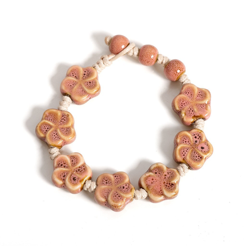 2Pc Handmade Ceramic Bracelet Set Glazed Pottery Pink & Blue Flower Bead Jewelry