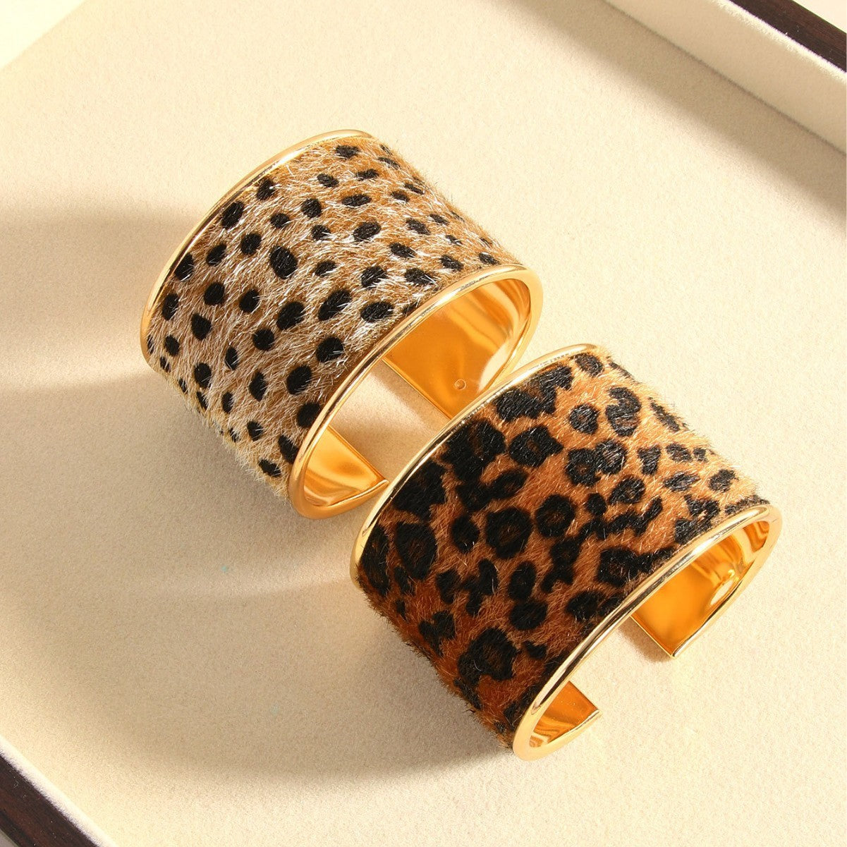 2 PC Cheetah Leopard Wide Cuff Bracelet Set Gold Tone Furry Animal Print Boho