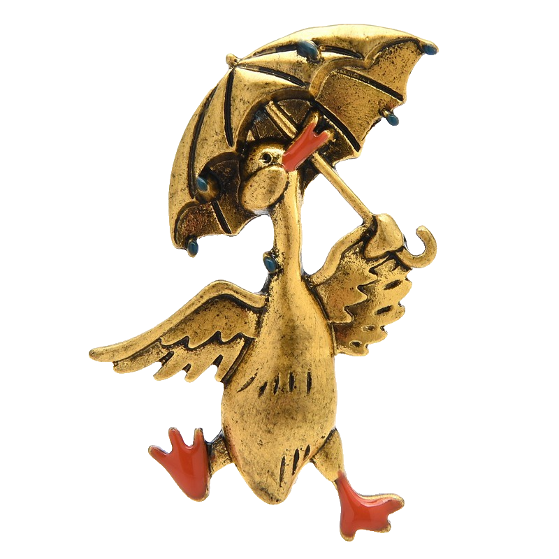 2PCs Duck & Umbrella Brooch Pin Set Vintage Style Gold  and Silver Tone Jewelry