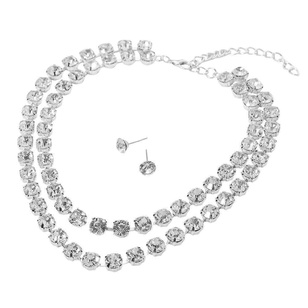 Double Row Rhinestone Choker Necklace & Stud Earrings Set Clear Jewelry