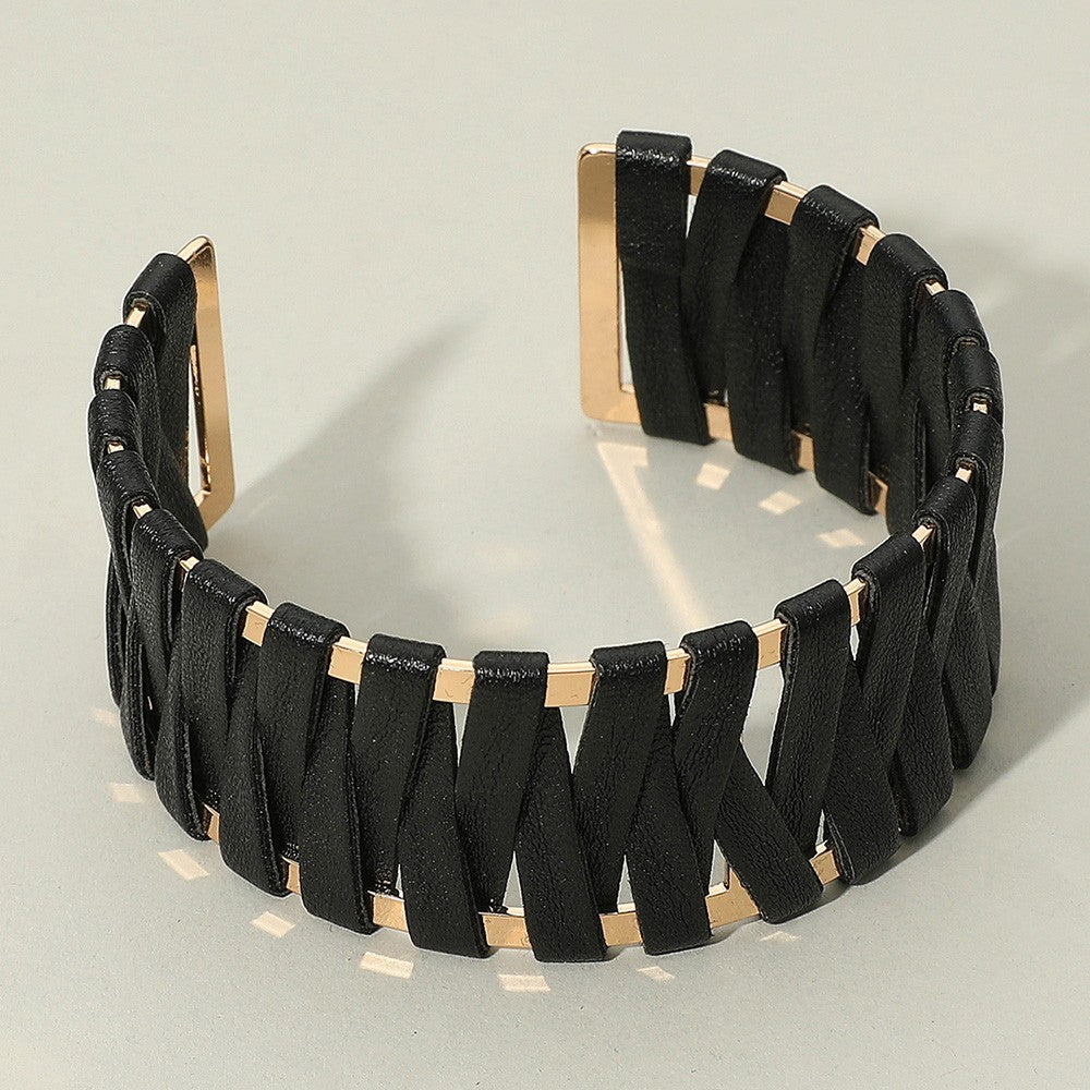 Black Woven Faux Leather Gold Tone Wide Open Cuff Bracelet Fashion Jewelry