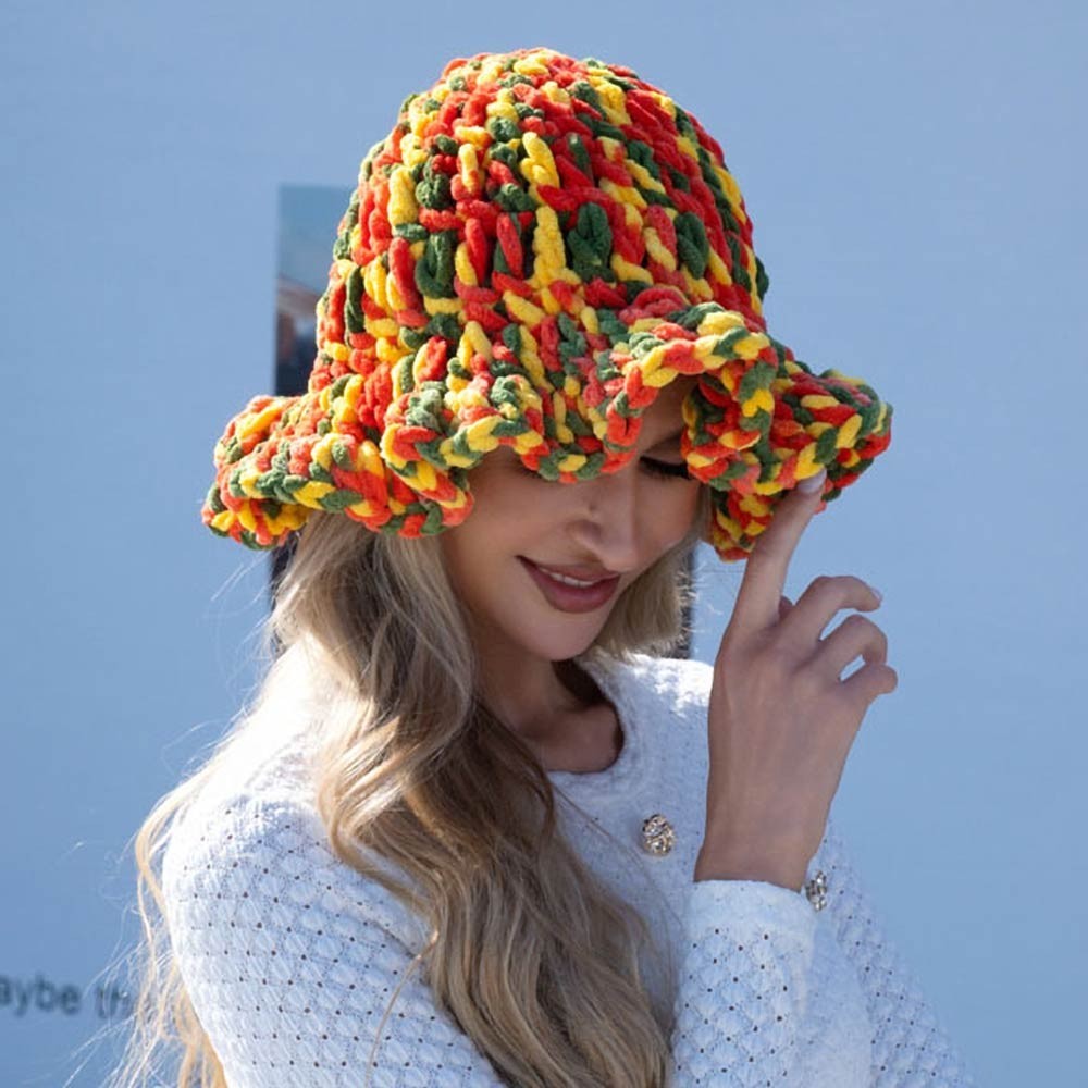 Checkered Chunky Crochet Texture Bucket Hat Women's 100% Polyester Sculpted Brim