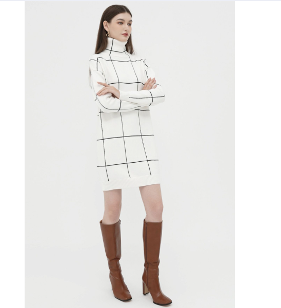 Grid Turtleneck Sweater Dress for Women Winter Knit Dresses for Ladies M-L SIze