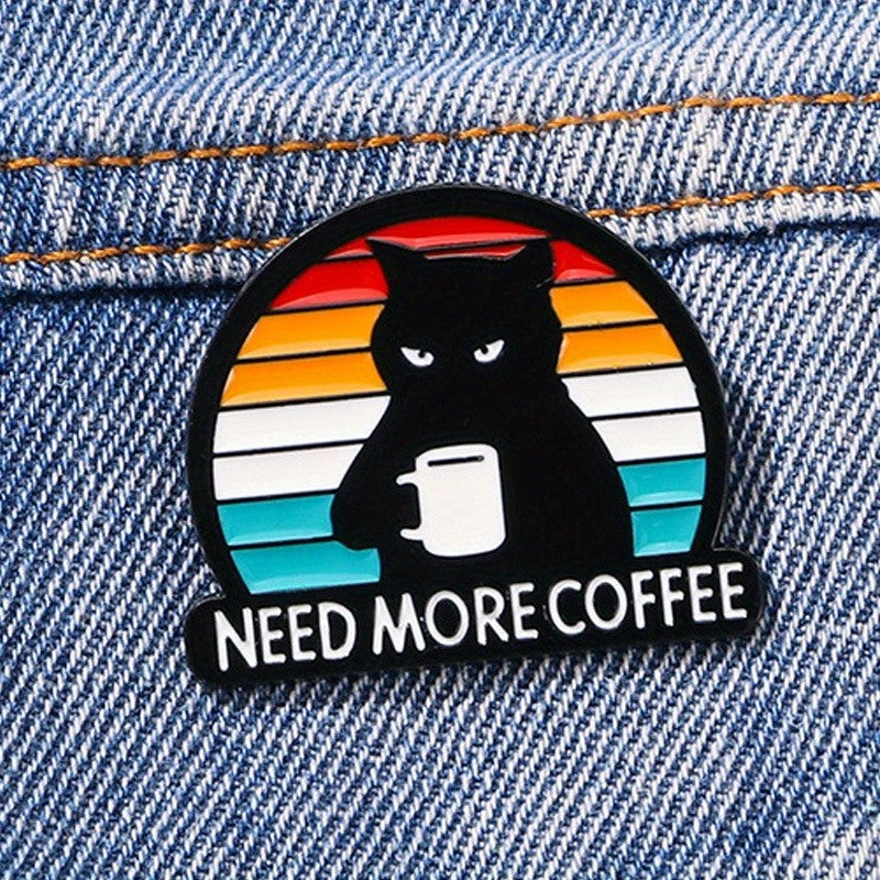 Black Cat Need More Coffee Enamel Pin Badge Brooch Cute Grumpy Kitty Lover Gift