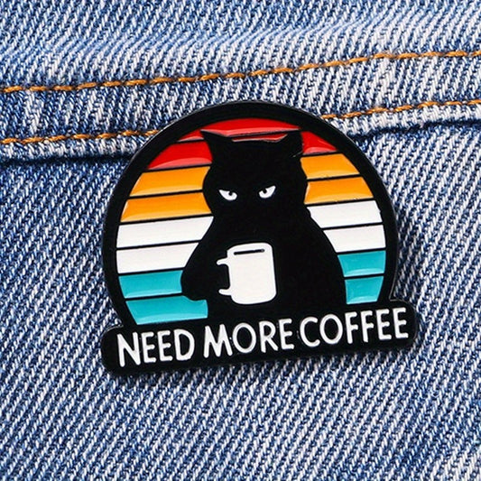 Black Cat Need More Coffee Enamel Pin Badge Brooch Cute Grumpy Kitty Lover Gift