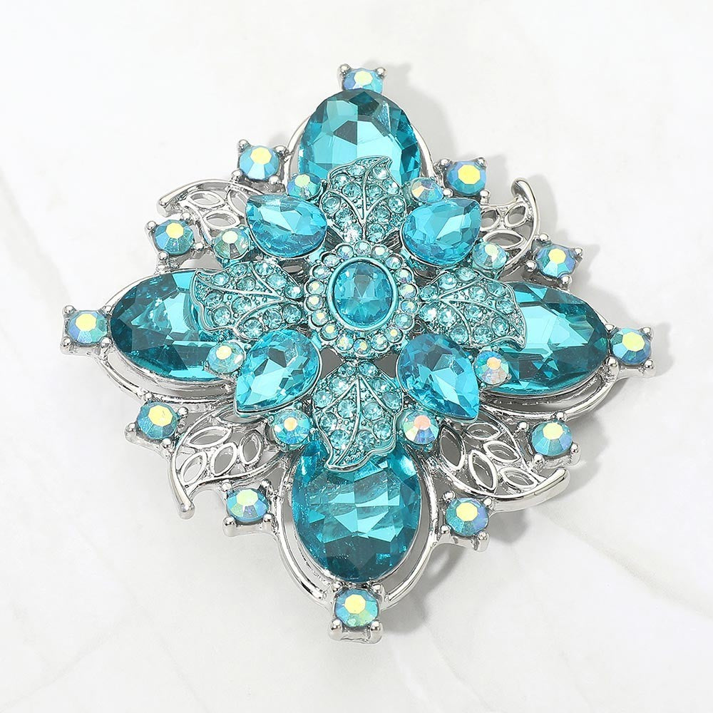 Vintage Silver Tone Ornate Detailing Faceted Aqua Rhinestone Floral Pin Brooch