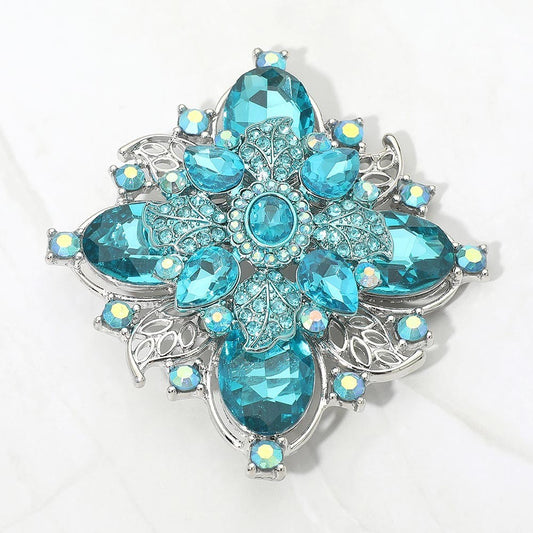 Vintage Silver Tone Ornate Detailing Faceted Aqua Rhinestone Floral Pin Brooch