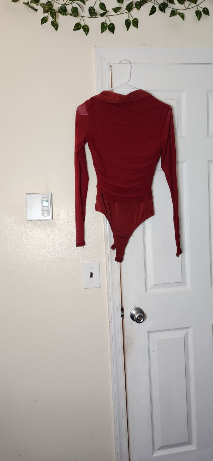 Don't Ruche Love Burgundy Mesh Ruched Long Sleeve Bodysuit for Women Medium