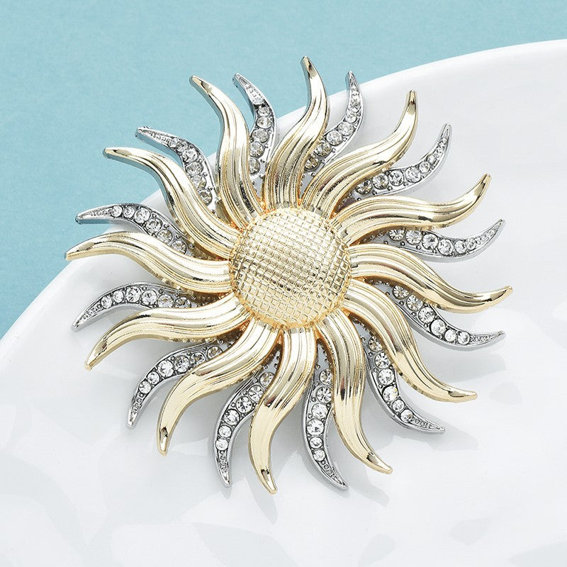 Sparkling Gold & Silver Sun Pin Brooch Rhinestone Flower Gift